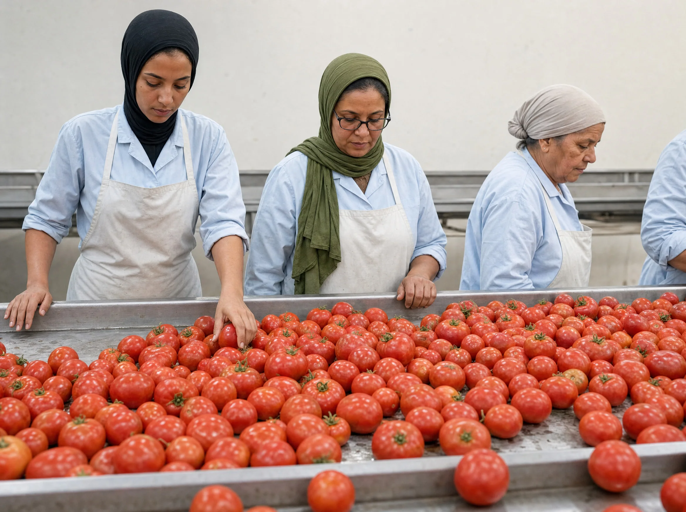 Three women in headscarves and pale work coats hand sorting ripe tomatoes on a stainless steel intake table