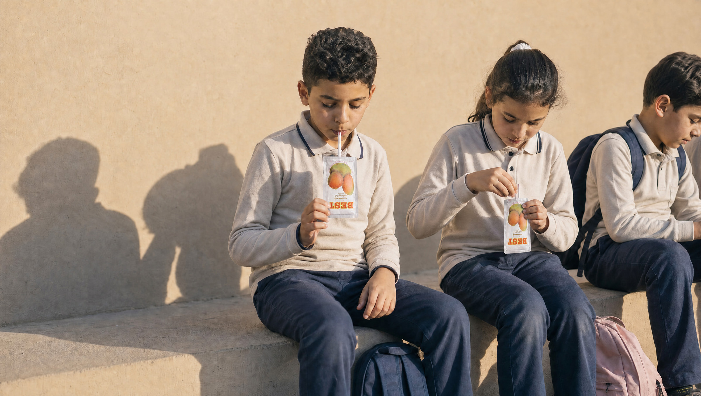 School kids drinking BEST juice pouches upside down through straws in the bottom, the schoolyard way
